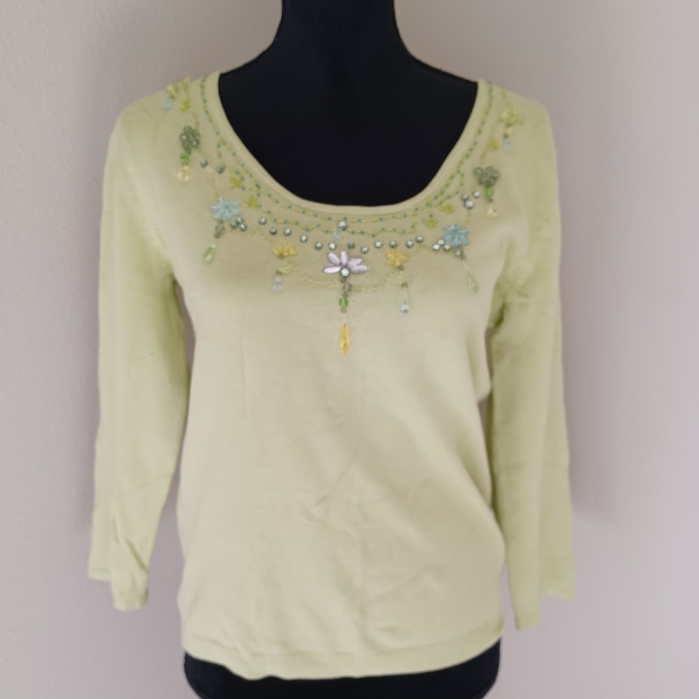 Spring Green Beaded Sweater Size Medium - None